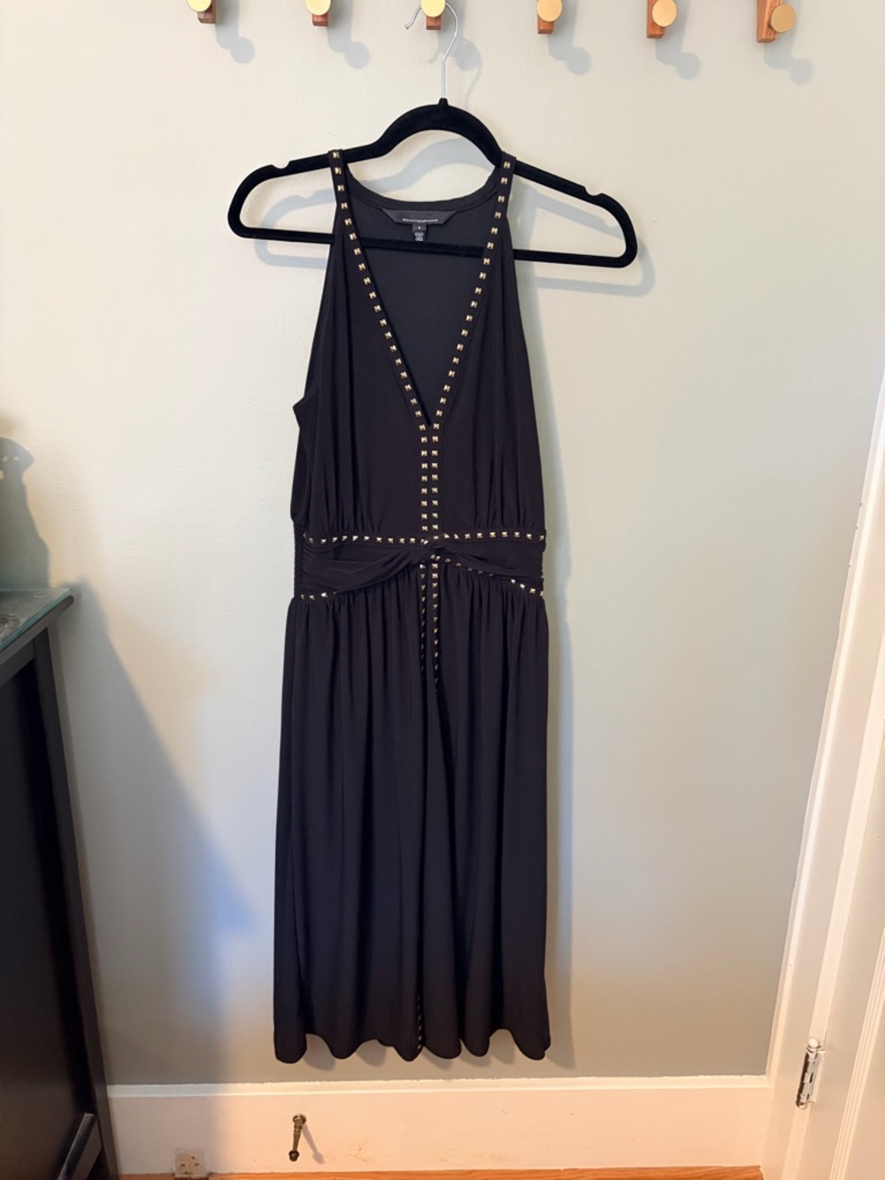 White House Black Market Black Midi Dress with Gold Stud Trim